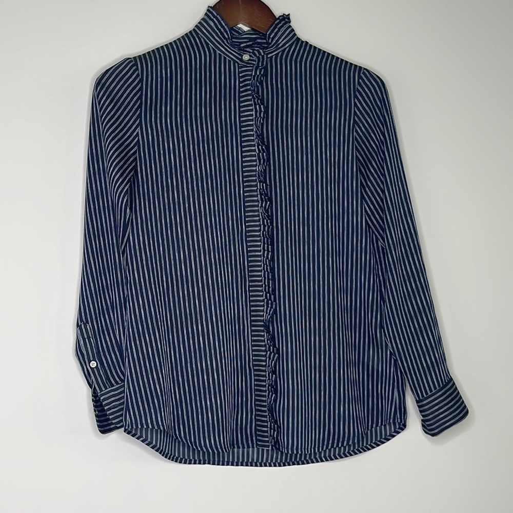 Banana Republic Navy and White Button Down with Ruffle Detail XS